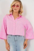 Çizgili Oversize Kısa Gömlek 20326 - Pembe resmi